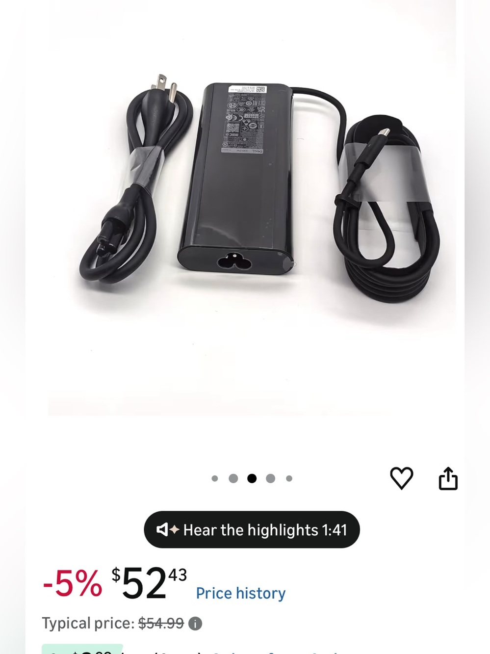 Dell Black Power Adapter with AC Cord and USB-C Cable